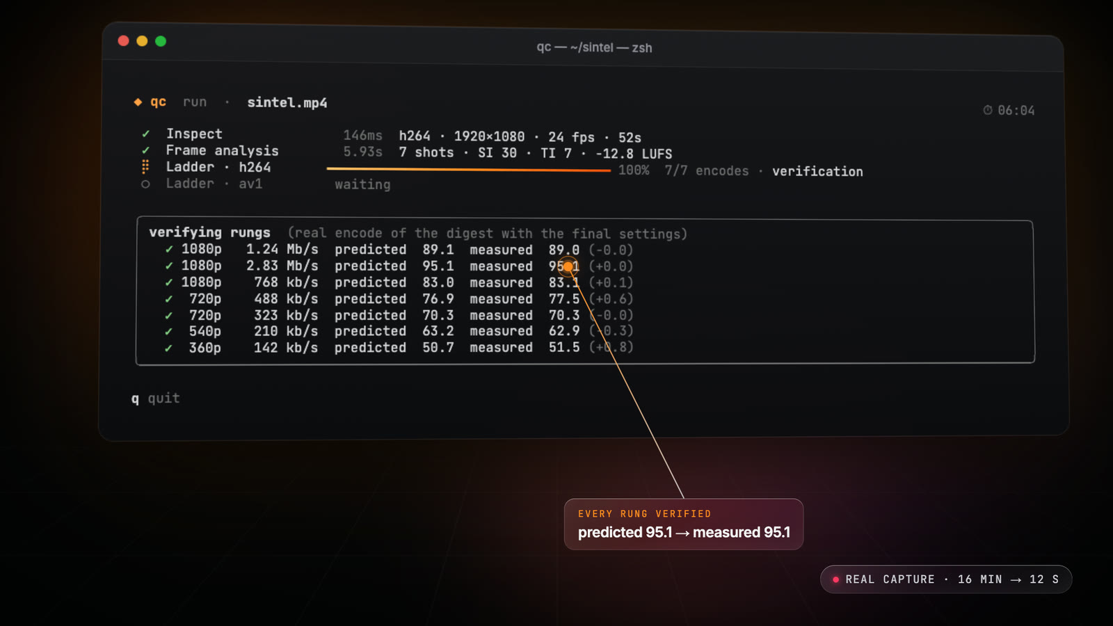 Every rung is verified by a real encode